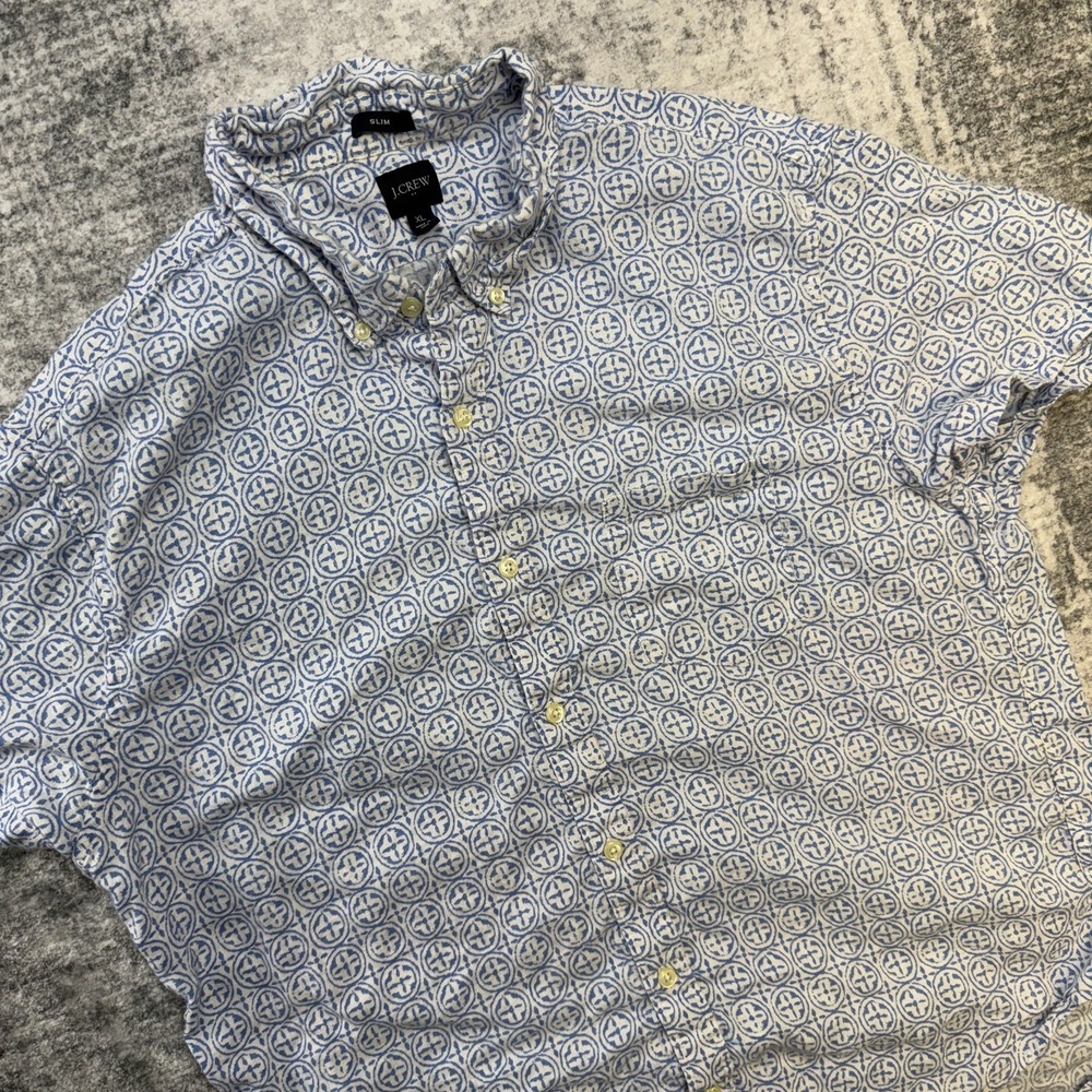 J Crew Shirt Men XL Slim Fit Blue White Geometric Linen Button Down Beach Resort